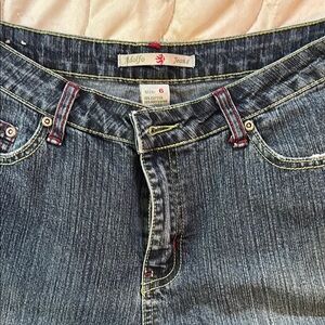 VINTAGE Y2K low/mid rise bootcut jeans with green and red accent stitching